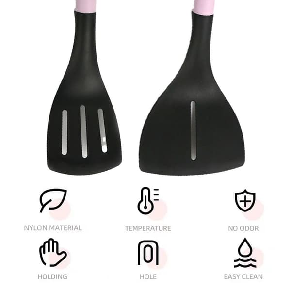 Rosa nylonskje, non-stick stekepanne, spesiell matlagingssil, stekespade + flatbunnet spatel KLB