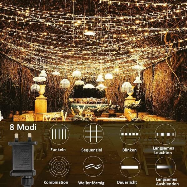 Outdoor String Lights, 6m x 3m 600 LED Curtain Lights, 8 Modes Waterproof Electric Christmas Lighting Window String Lights (Warm [Energy Class E]