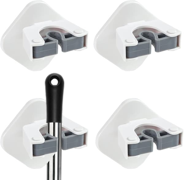 Vægmonteret kost- og moppeholder, selvklæbende, 4-pak