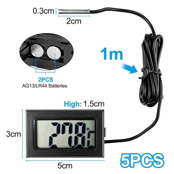 5 stk. digitale kjøleskapstermometre, digital temperatursensor med LCD-skjerm, temperaturtermometer med sensor