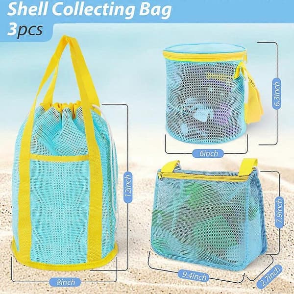 3-delt sæt med mesh-strandtaske, Sky Mesh-legetøjstaske til skalsamling