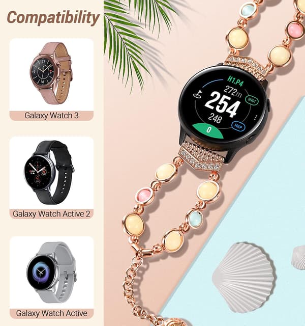 Perlearmbånd til Mode Kompatibelt med Samsung Galaxy Watch Active 2/Galaxy Watch, Elastisk Perlearmbånd med Selvlysende Agat til Piger, Rosaguld
