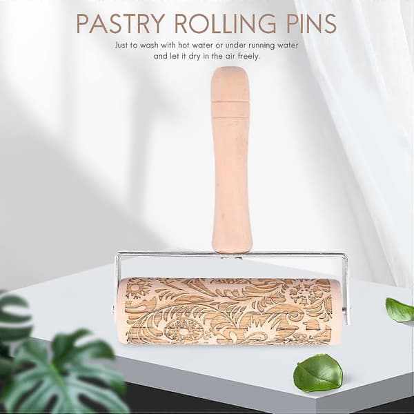 3D Engraved Rolling Pin Natural Wood Rolling Pin With Classic Pattern For Kids Dough & Fondant Cakes