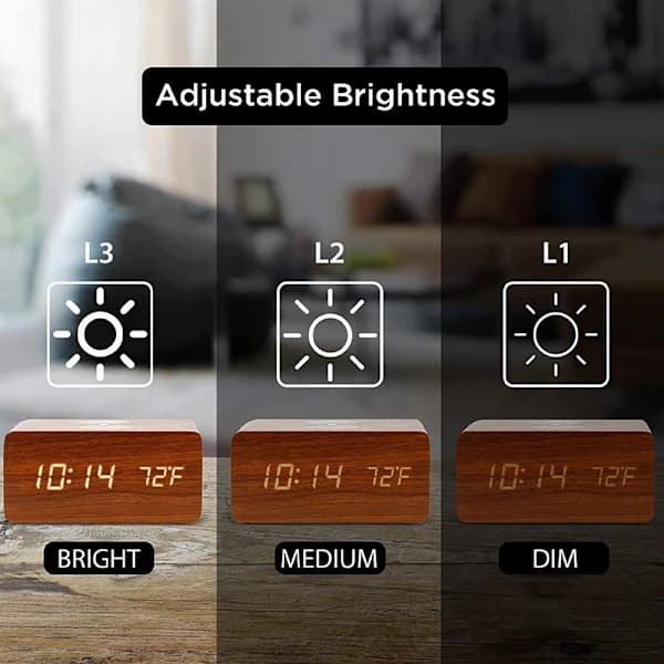 Wireless Digital Wooden Alarm Clock with Wireless Charging, 3 Alarms LED