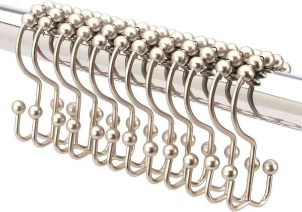 12 dubbla duschdraperikrokar i borstat nickel. Premiumkvalitet