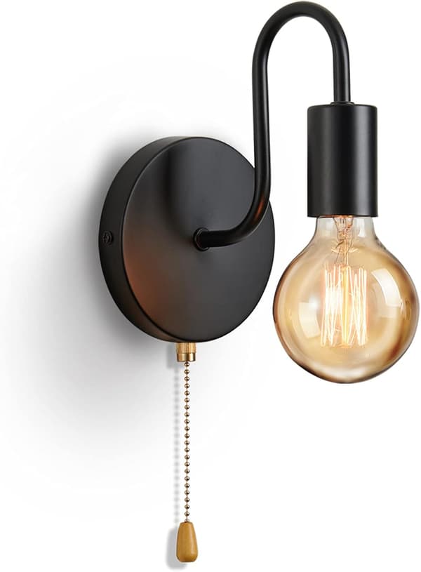 Retro Industrial Wall Lamp with Switch, Black E27 Iron Indoor Fixture-FX-