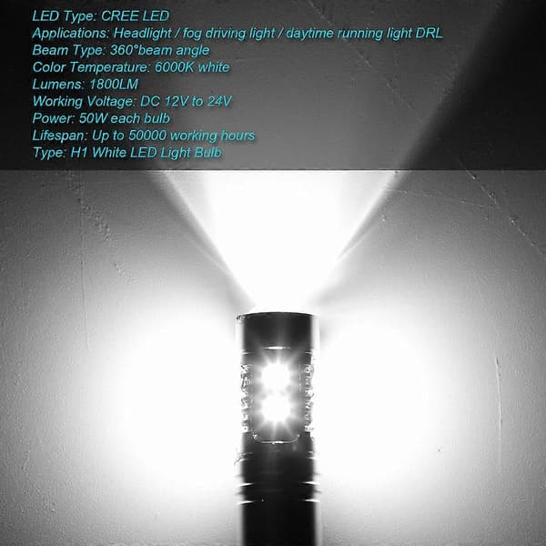 2 pcs H1 LED Headlight Fog Light Bulbs 6000K High Power Daytime Running Lights