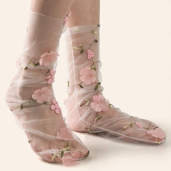 1 par højkvalitetsstrømper i elegant transparent nylon med mindre slid og blomstret blonde (FMY) Blå Blue