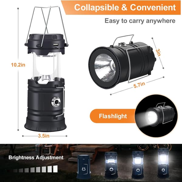 Solcelle campinglampe, foldbar LED, USB-C genopladelig, sort