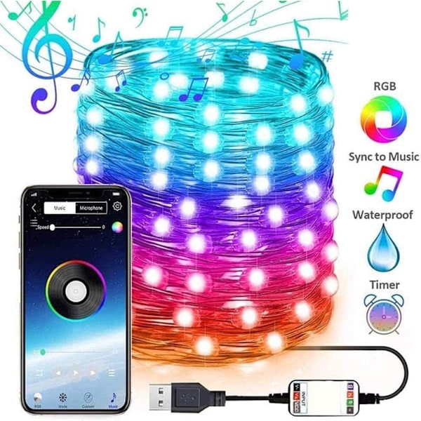 15m 150 LED-ljusslinga med USB, Bluetooth, fjärrkontroll och app för julgran, dekoration, färgförändring