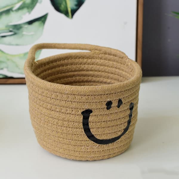 Cute Cotton Rope Basket Wall Mounted Soft Foldable Hand-Woven Small Storage Basket for Home Use Yellow Brown