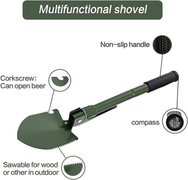 Camping spade, hopfällbar spade, bärbar mini militär överlevnadsspade med hacka/hacka/såg/öppnare/kompass, multifunktionellt verktyg för camping