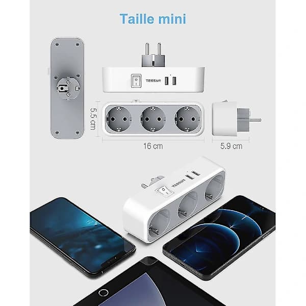 Wall-mounted power strip adapter 3-way with 2 USB ports and switch, 3 sockets Europe plug for outlets, multiple plug for outlets and USB ad...