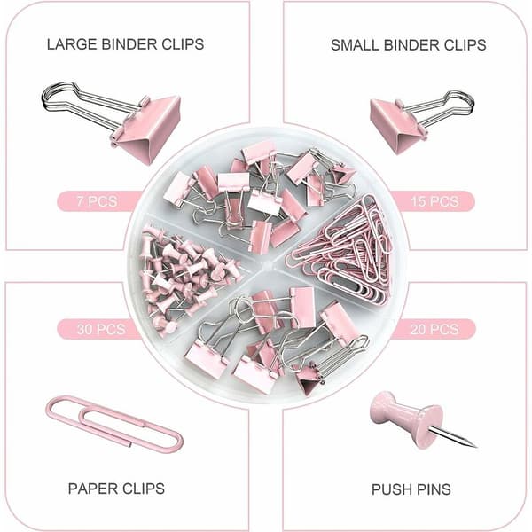 Small Staple and Paperclip Set with 216 Pins for Office School in Various Sizes Pink