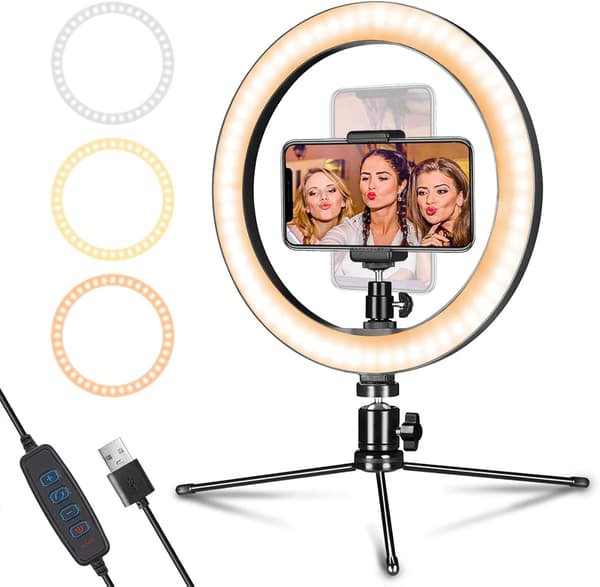 LED-ringlys 10 tommer med stativ og telefonholder til livestreaming