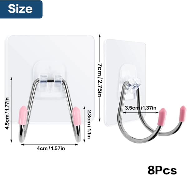 8 Pcs Transparent Self-Adhesive Hooks, Bathroom Double Hook, 20KG (Max)