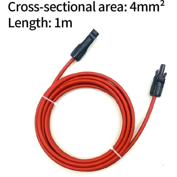 4 mm² solarkabel – 2 m længde (1 m sort + 1 m rød) – MC-4-stik inkluderet – 1000V DC-spænding, 30A strøm