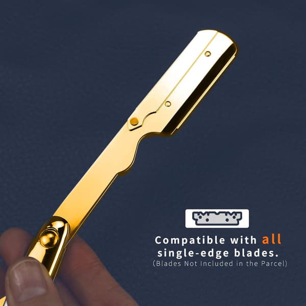 (Guld) Barberkniv med lige kant, høj kvalitet, foldbar