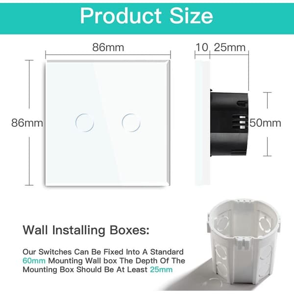 Touch Switch, White 2-Way Light Switch with LED Display Light, Touch Sensor Crystal Glass Panel Touch Switch - No Neutral Wire
