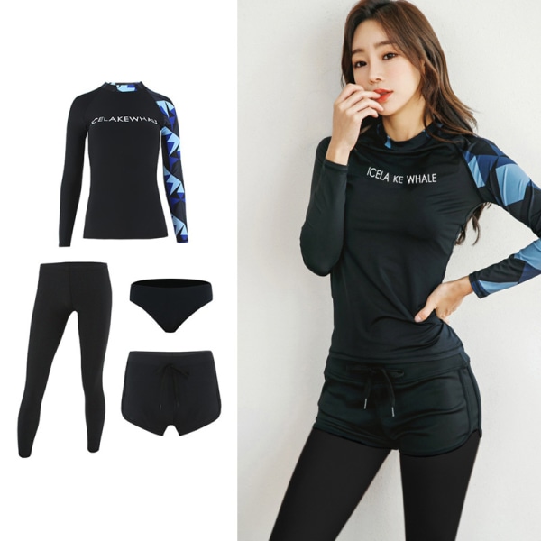 New Korean wetsuit for couples: women's four-piece suit, long-sleeved and long-pants split swimsuit-L