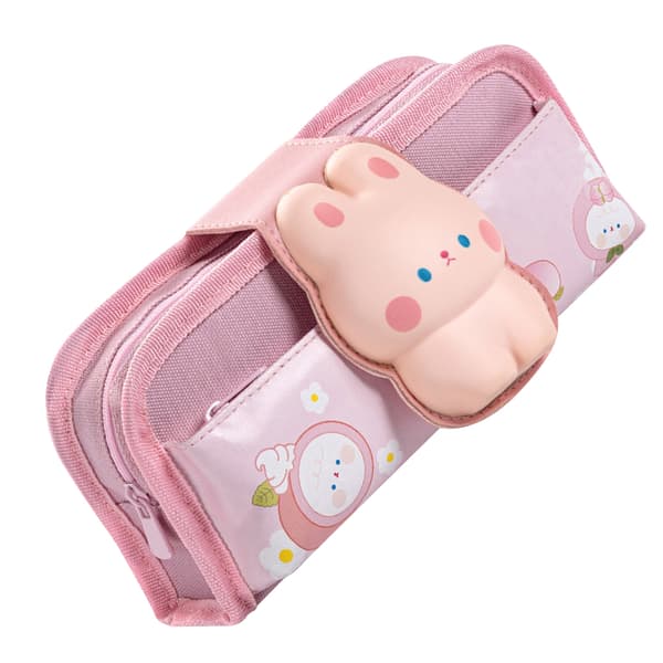 Canvas Pencil Case with Cute Duck Pattern, Velcro Closure, Large Capacity, Zipper, Multiple Internal Compartments for Student Rabbit