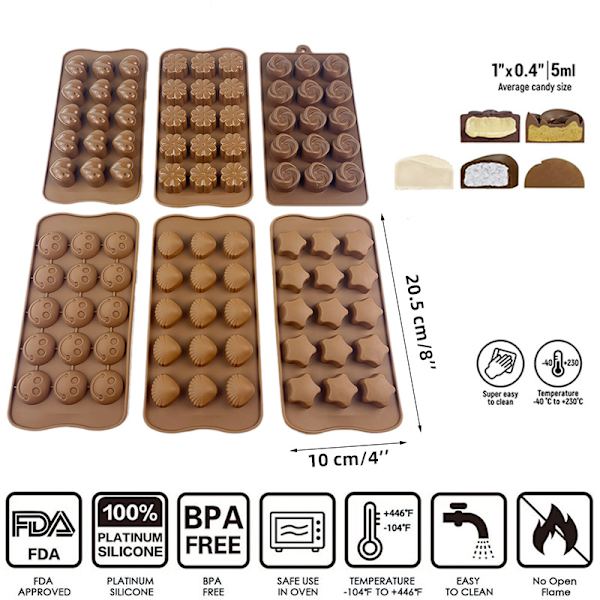 6-delt chokoladeform i silikone, bageværktøj, non-stick