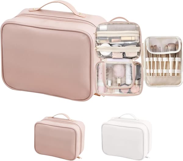 Makeup Travel Case, Makeup Organizer with Multiple Compartments, Toiletry Bag, Pink PINK PINK PINK