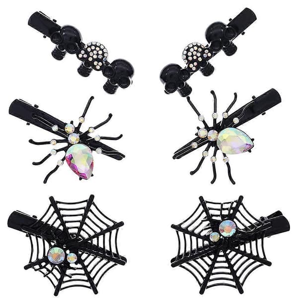 2025 6 kpl Halloween-hårklipsit strass-hämähäkinverkolla ja pääkallolla
