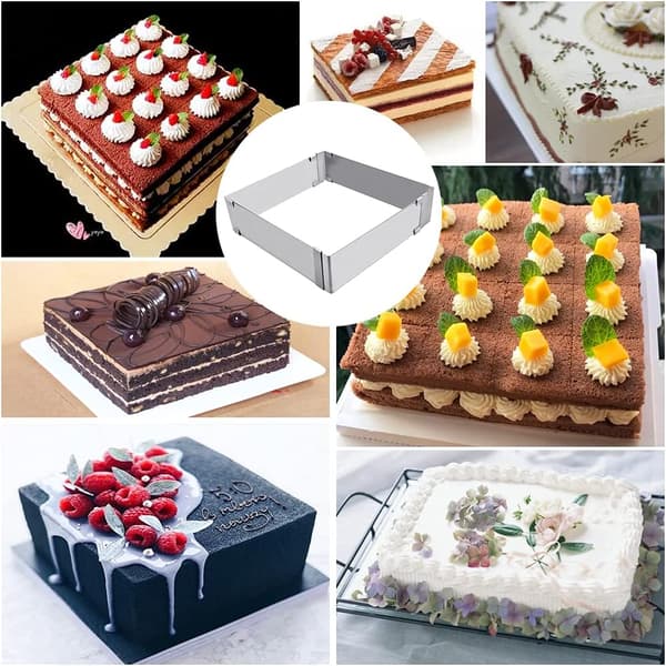 Justerbar firkantet bakeform, utvidbar rektangulær bakeramme, rustfritt stål, mousse kakeform, kake, tiramisu, dessert, bakeverktøy (15*15*5cm-28*