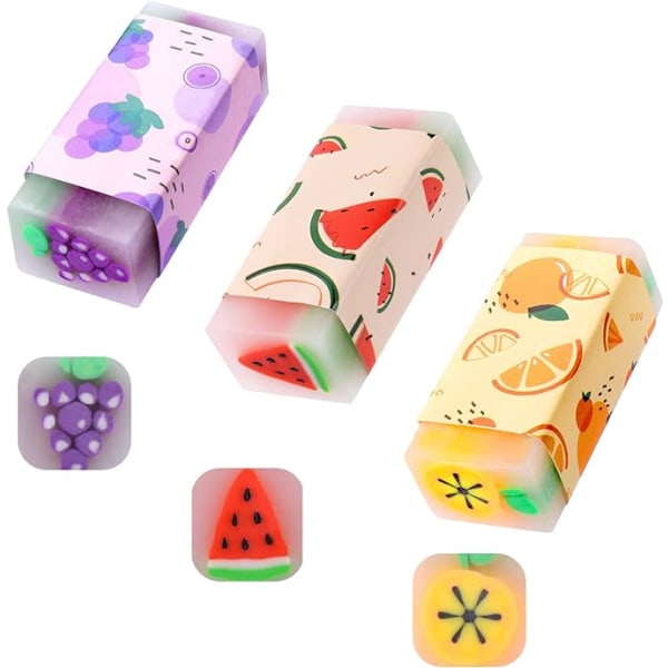 3 pieces of fruit eraser, cute colorful soft eraser pencil,