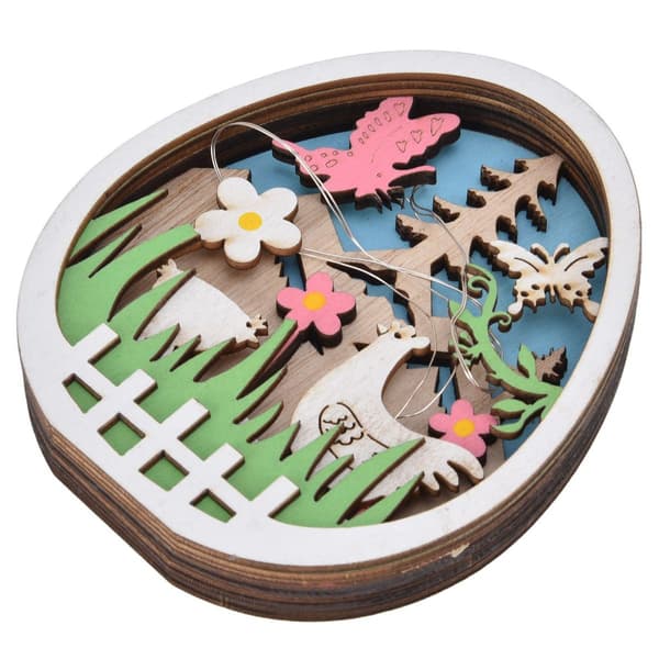 LED Wooden Easter Egg with Turkey Pattern, Natural Boxwood KLB