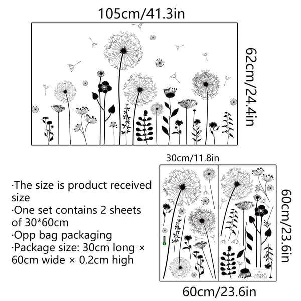 New Black Dandelion Self-Adhesive Wall Decals Living Room Staircase