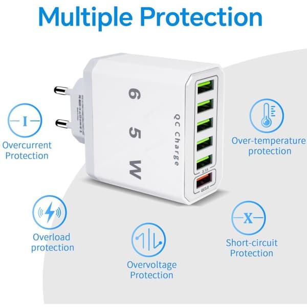 Multi-USB-lader, 65W 6-porters USB-hurtiglader med QC 3.0 Smart Hurtiglader, Universal USB-A Strømadapterlader for 15 Pro Max, 14 Plus (FMY)