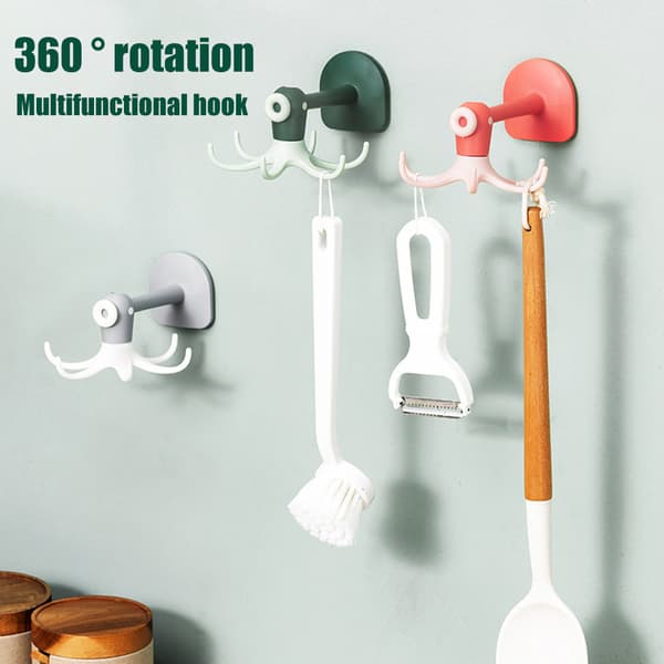 Kitchen 360° Rotating Hooks, Punch-Free Six-Hook Storage Rack for Kitchen Accessories, Cabinets, Bathroom Organizer