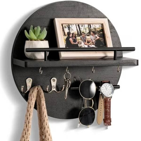 Wall shelf with key holder, wooden key holder - round, key cabinet with storage compartment, rustic, black