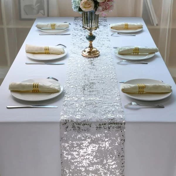 Silver Table Runner, Sequin Glitter Foil Metallic Silver Thin Mesh Table Runner Roll 28 cm x 274 cm, Silver Table Decorations