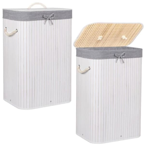 Laundry Basket - SPRINGOS - 72L - Natural Bamboo - White - Modern Scandinavian Style White