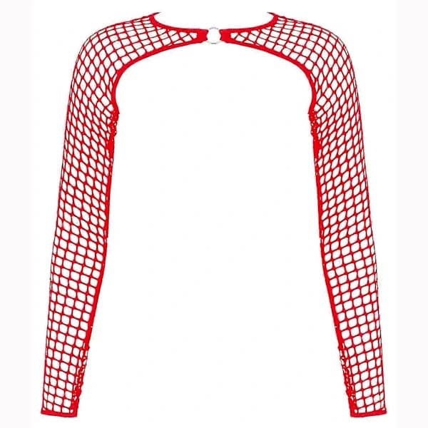 Women's Long Sleeve Cropped Top with Fishnet Overlay red L[CO]