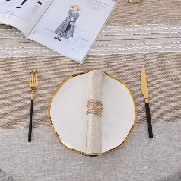 Rund duk, lin og bomull, stripet broderi, vaskbar, khaki, 120 cm