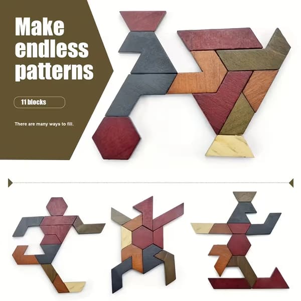 Wooden Tangram Puzzle, Hexagonal, Educational Toy, Portable Interactive Educational Family Game, Gift