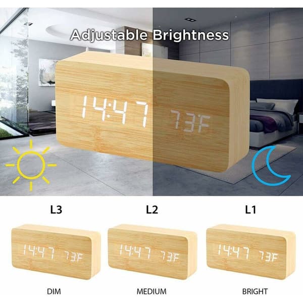 Träklocka Kreativ Digital Träklocka Elegant Multifunktionell LED Väckarklocka med USB-strömförsörjning Röststyrning - Bambuträ