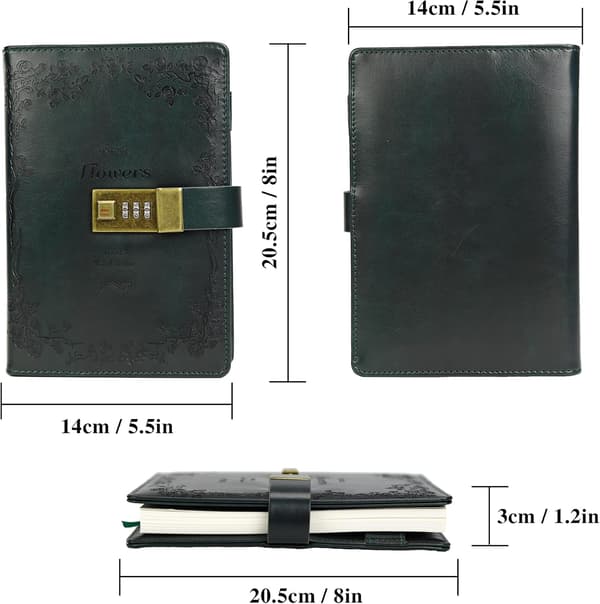 Floral Leather Journal with Lock Writing Diary Notebook Combination Password Lined Refillable Paper 200 X 140 Mm (Green) Green