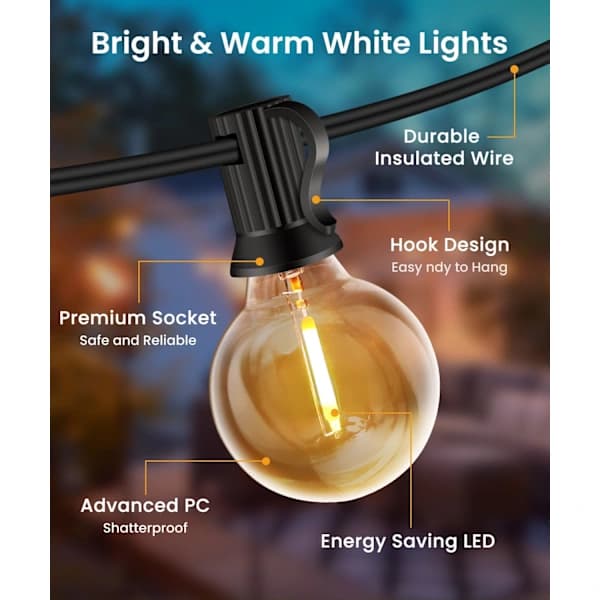 G40 LED String Lights Connectable Waterproof Shatterproof Warm White for Patio Garden Camping 20M 30 Bulbs 20M 20M