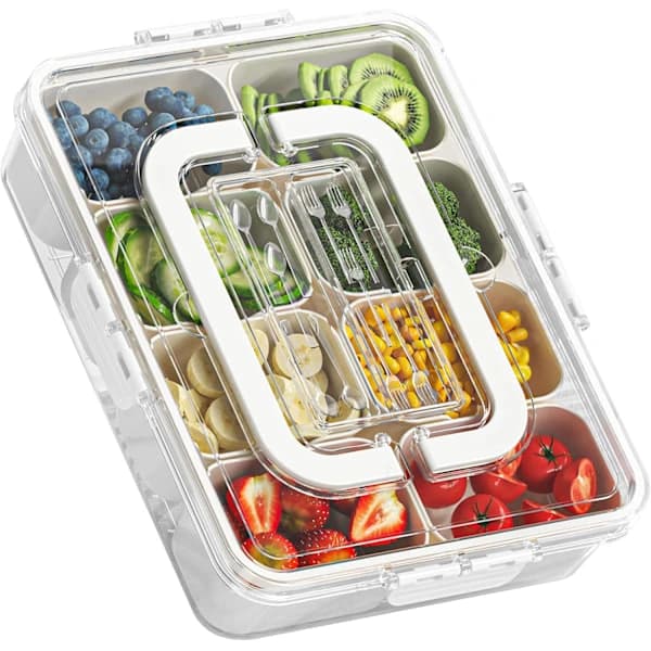 Divided Snack Box with Lid and Handle, Portable 8-Compartment Snack Tray for Storing Fruit, Candy, and Lunch, Transparent