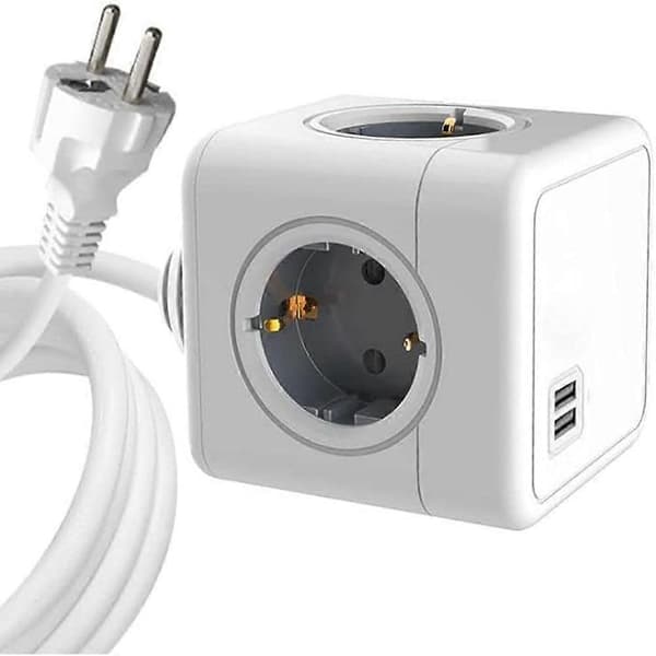 4-veis Schuko, 2 USB-porter Strømkube - med 1,5 m kabel