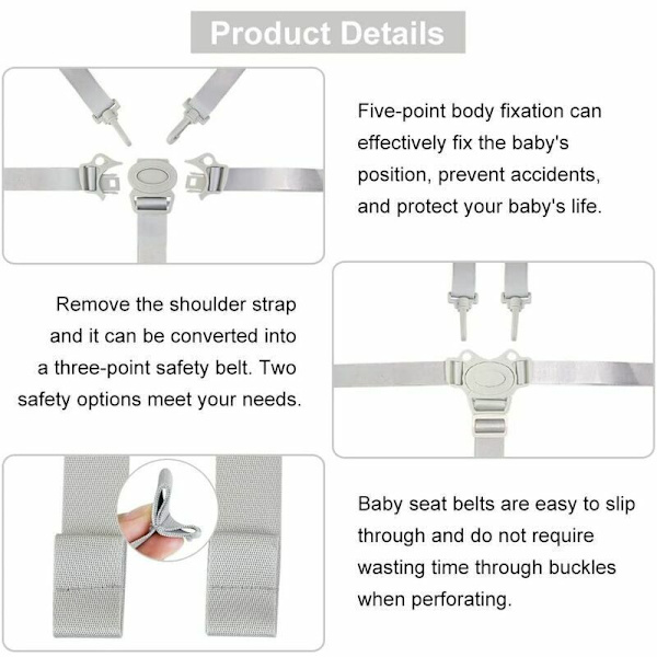 Adjustable 5-Point Safety Harness for High Chairs and Strollers, Grey - Compatible with Most Brands