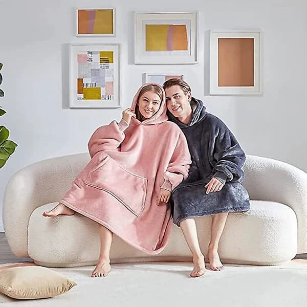 Oversized hettegenser-pledd XL, supervarm Sherpa-kjempehettegenser, bærbar pledd-hettegenser med lomme rosa