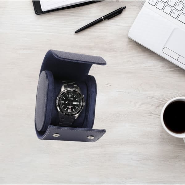 Deep Blue Lychee Pattern PU Watch Storage Case - Portable & Waterproof, Compatible with Casio