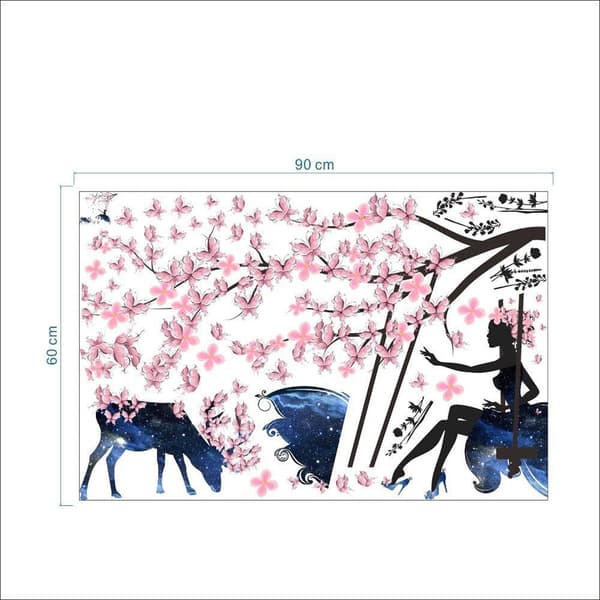 Tyttö keinussa & hirven siluetti seinätarrat vaaleanpunaisella perhosella