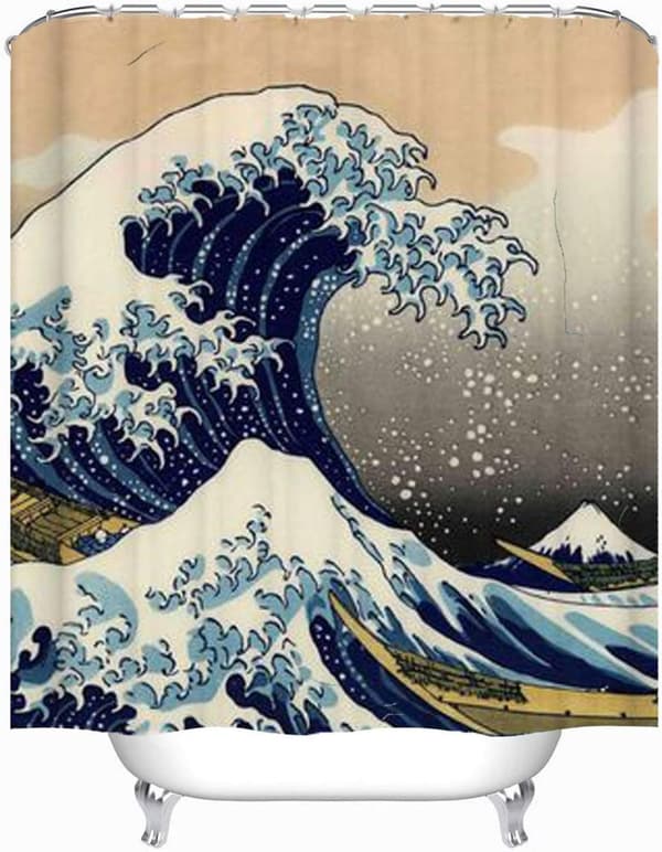 Hipaopao Japanese Wave Shower Curtain Kanagawa Wave Nautical Fabric Shower